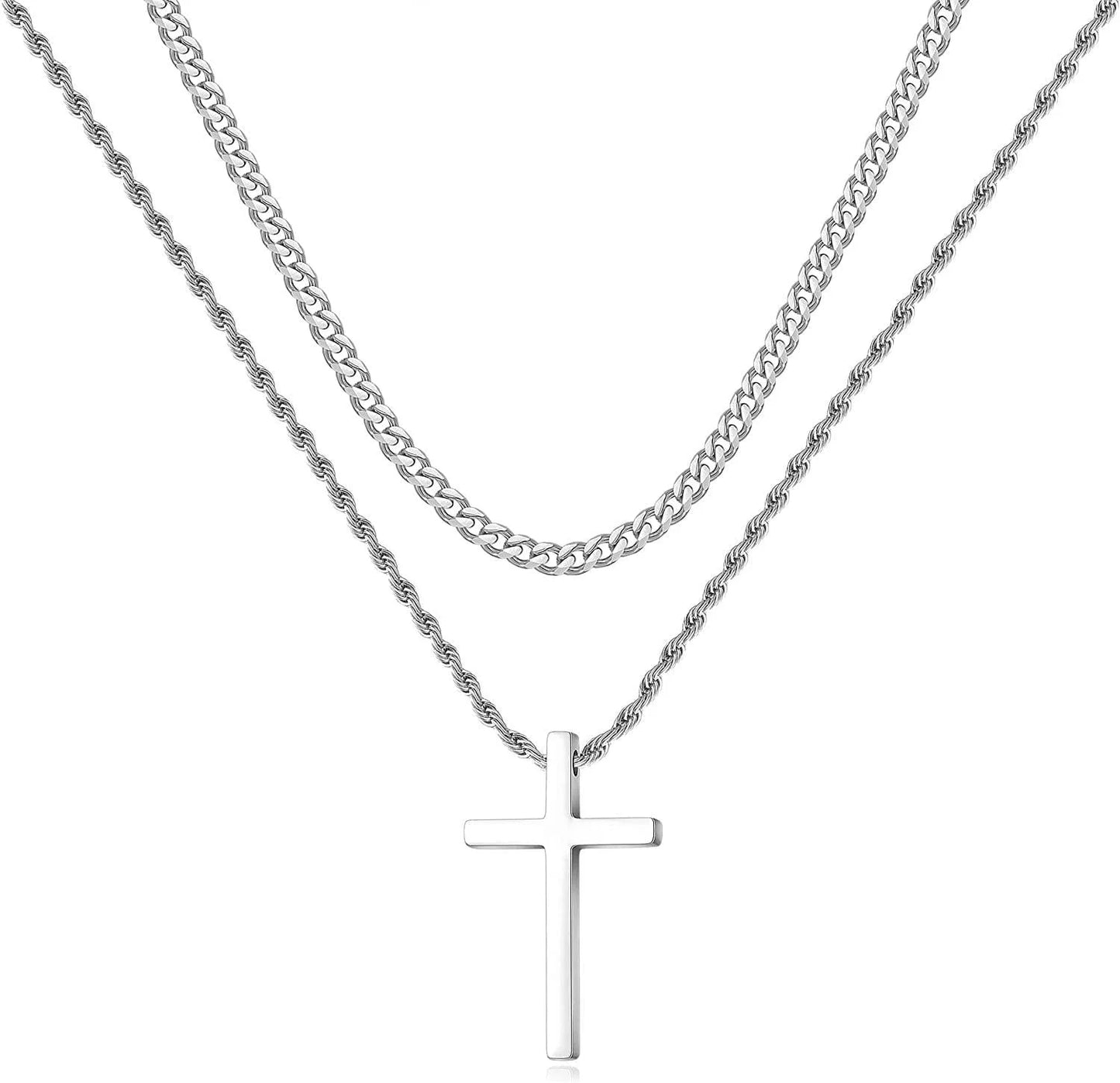 Stainless Steel Cross Necklaces for Men Layered Cuban Link Chain Rope Chain Mens Cross Necklaces Black Silver Gold Cross Pendant Necklace for Men Boys Women 16-26 Inches