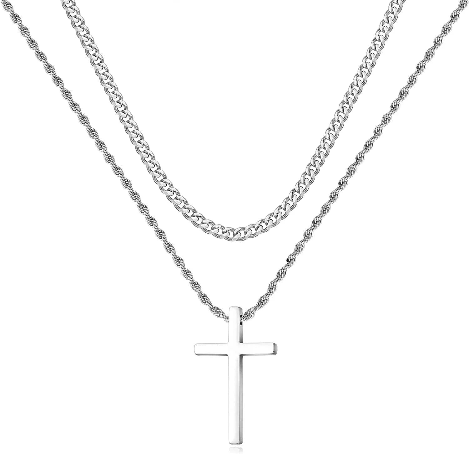 Stainless Steel Cross Necklaces for Men Layered Cuban Link Chain Rope Chain Mens Cross Necklaces Black Silver Gold Cross Pendant Necklace for Men Boys Women 16-26 Inches