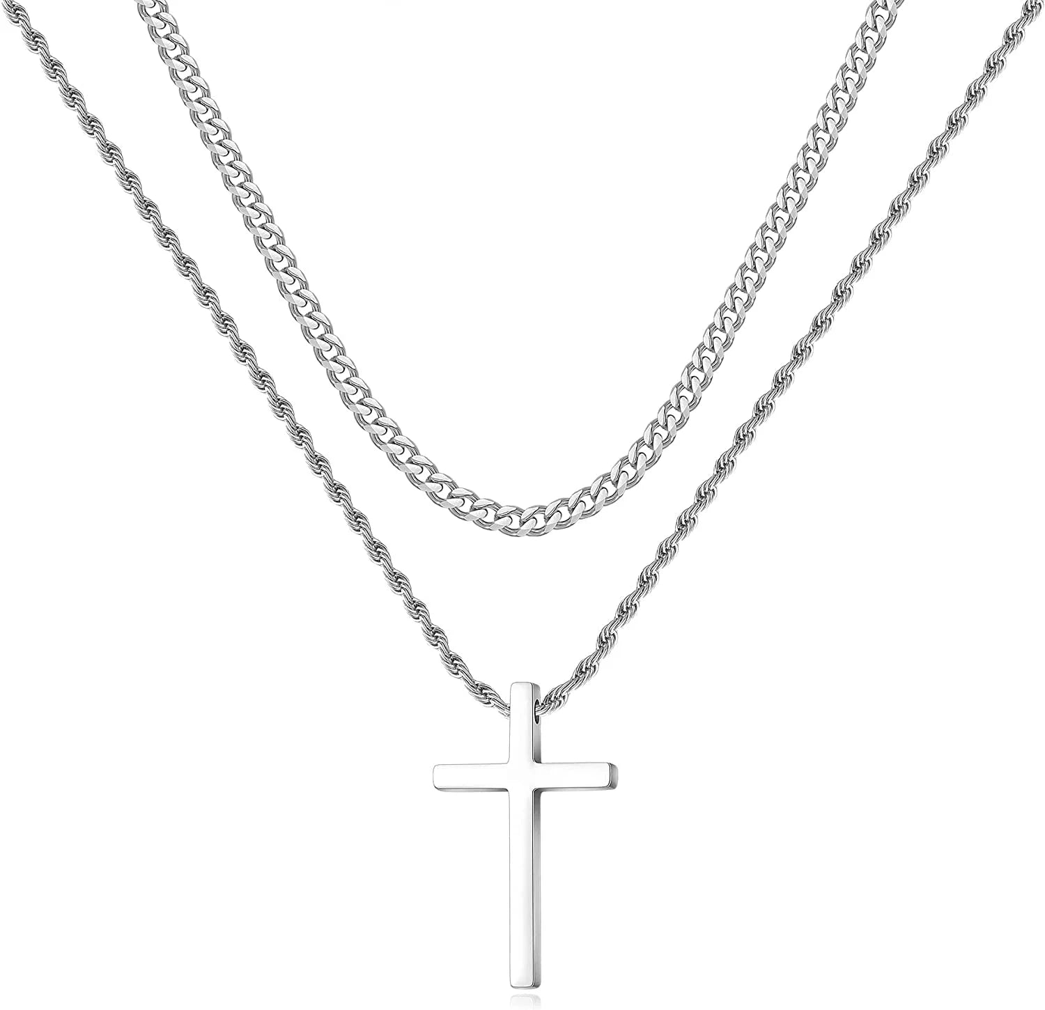 Stainless Steel Cross Necklaces for Men Layered Cuban Link Chain Rope Chain Mens Cross Necklaces Black Silver Gold Cross Pendant Necklace for Men Boys Women 16-26 Inches