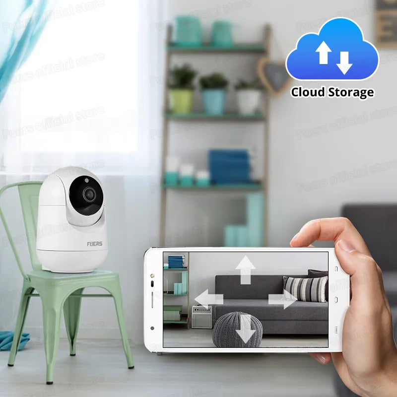 The Fuers 5MP WiFi Camera is a smart home indoor surveillance camera with automatic tracking and AI detection.