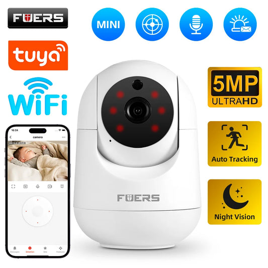 The Fuers 5MP WiFi Camera is a smart home indoor surveillance camera with automatic tracking and AI detection.